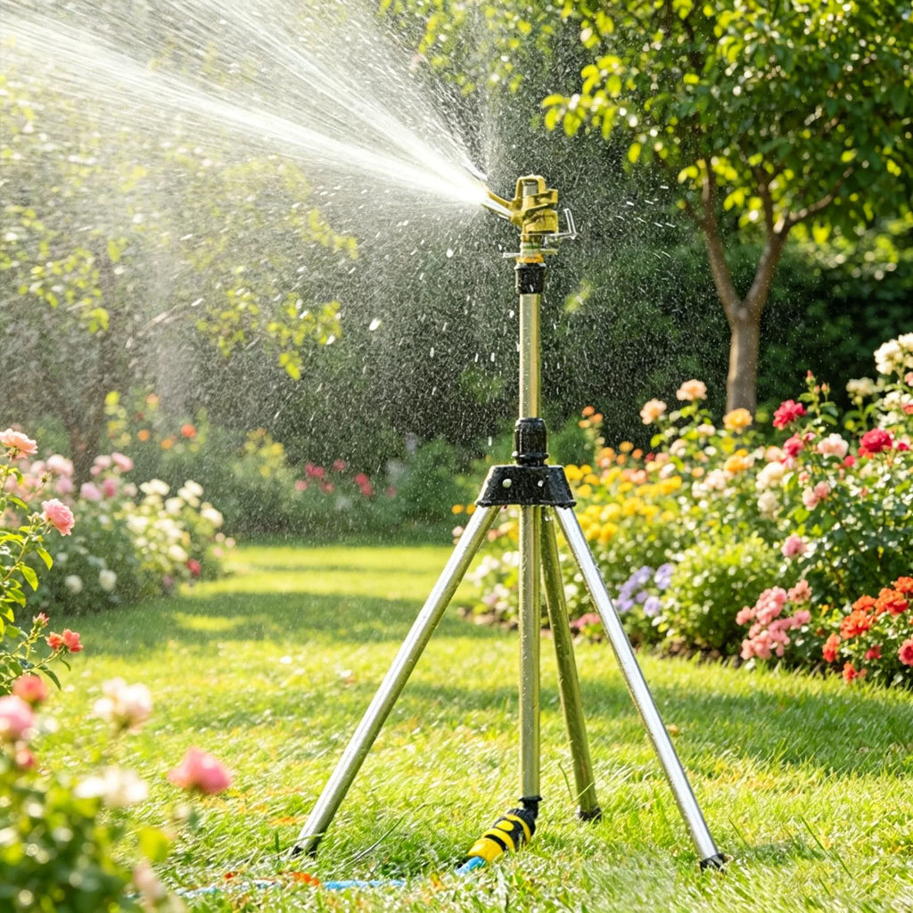 Gold-and-silver rotating tripod sprinkler with adjustable nozzle spraying garden lawn