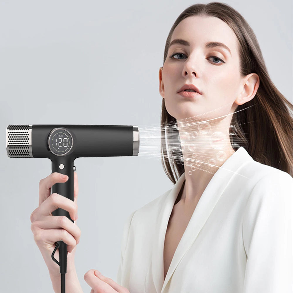 Professional matte black ionic hair dryer with LED display and powerful 110,000RPM brushless motor for fast drying.