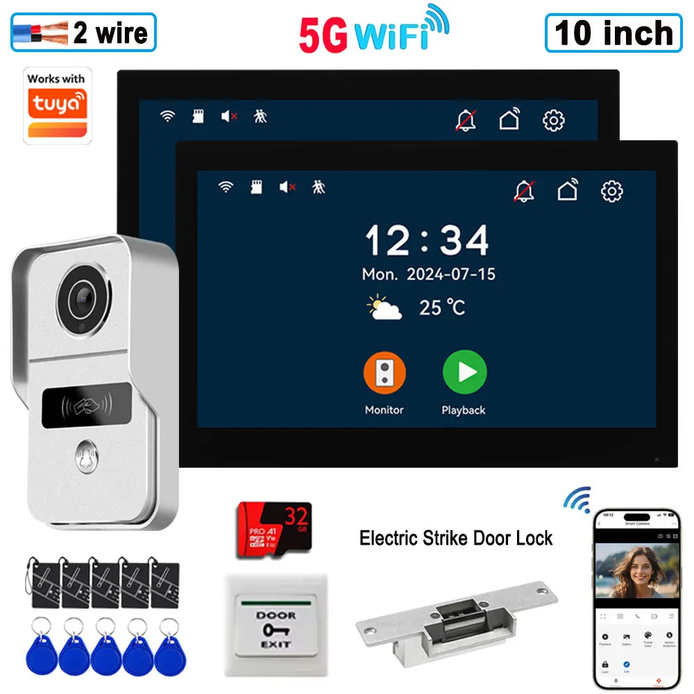 2-wire video intercom system with silver doorbell, 10-inch touchscreen monitor, strike lock