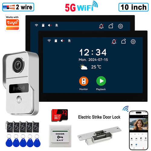 2-wire video intercom system with silver doorbell, 10-inch touchscreen monitor, strike lock