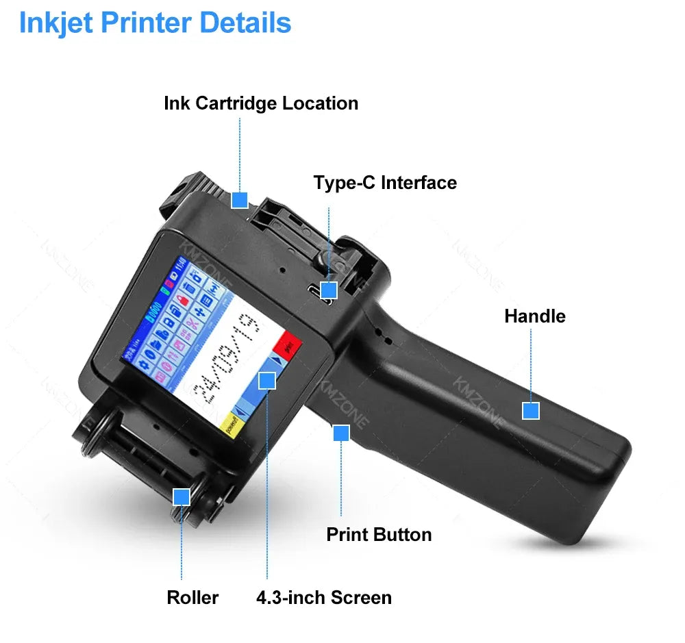 Handheld inkjet printer with touchscreen, print button, and Type-C interface detail view