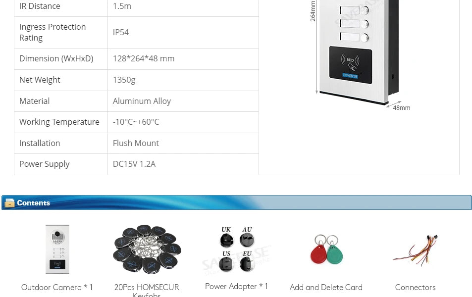 700TVL XC111-3 Outdoor Doorbell Camera Flush Mount 20Pcs RFID Keyfobs for 4 Wire Video Door Phone Intercom 3 Apartments/Families