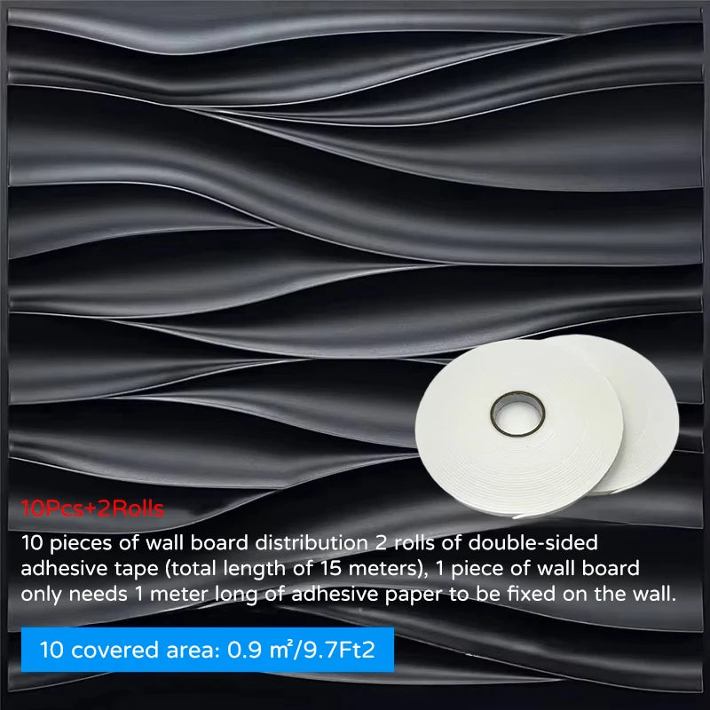3D wall panel sticker set with wavy relief, black finish, includes adhesive tape rolls