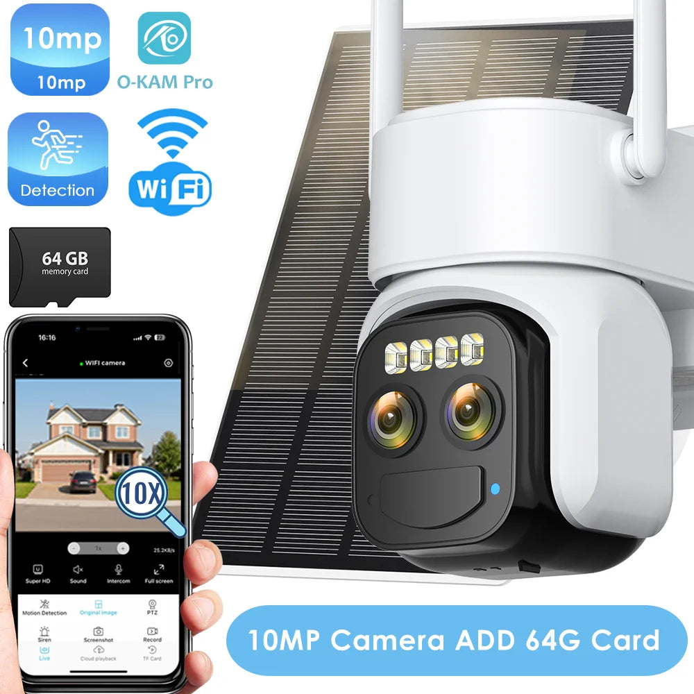 Outdoor solar PTZ WiFi security camera, dual-lens, white housing with black camera face; phone app visible