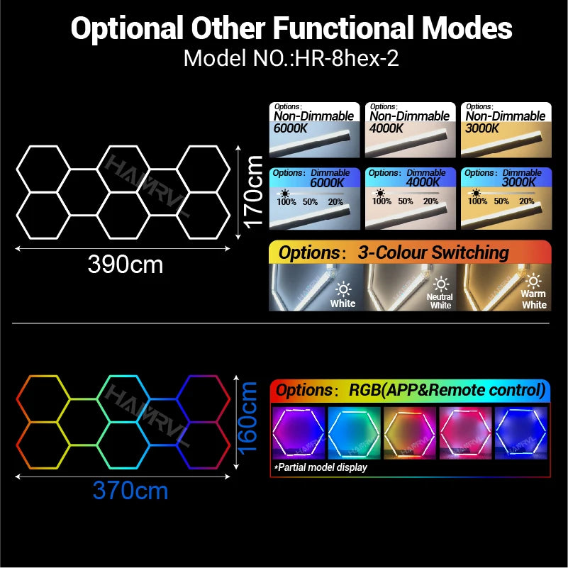 Hexagon honeycomb LED ceiling light model HR-8hex-2, RGB color display with hex grid