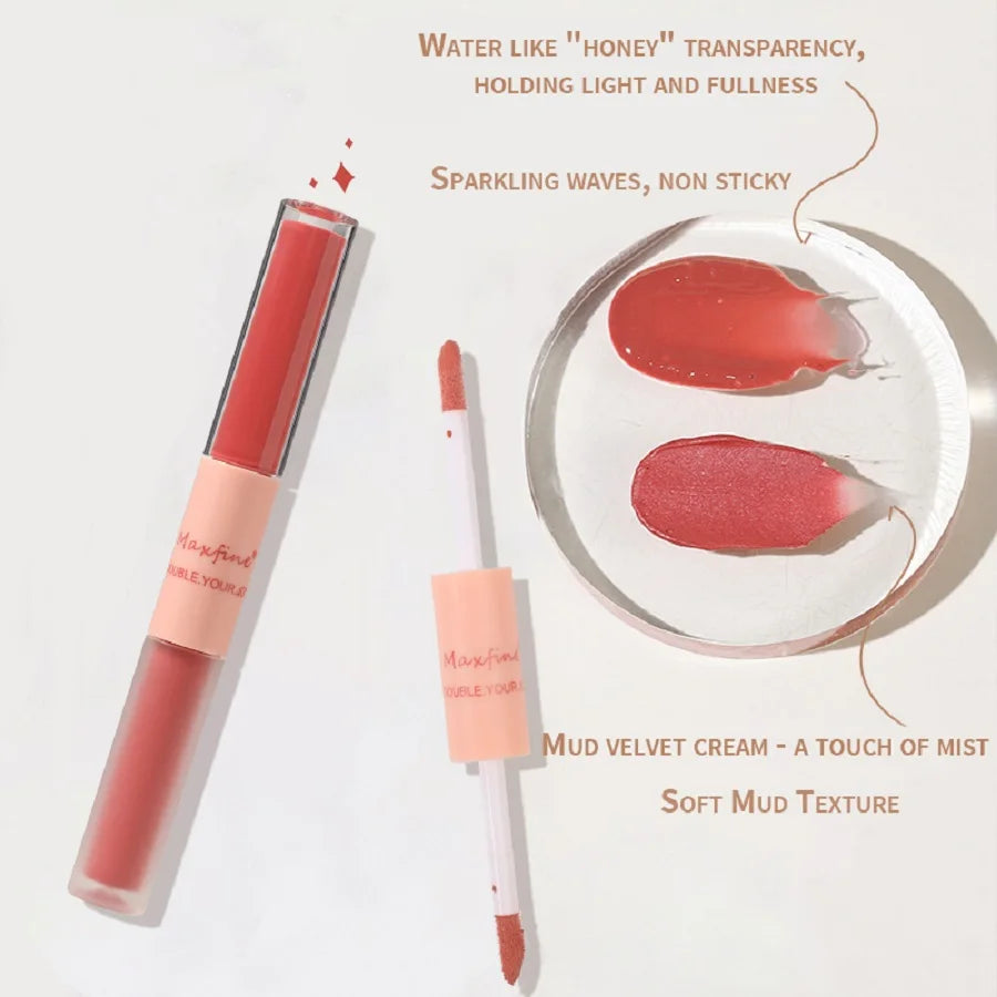 Double-headed lip gloss with mirror-finish liquid and matte velvet mud cream texture in a coral-red shade.
