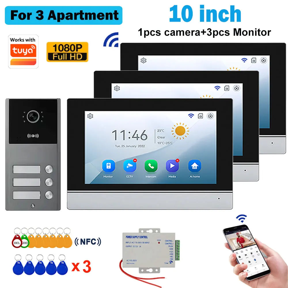 Video intercom system with 10-inch touch monitors, one door panel, RFID key fobs