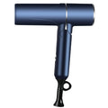 Foldable navy blue negative ion hair dryer with nozzle for fast, professional drying at home or travel.