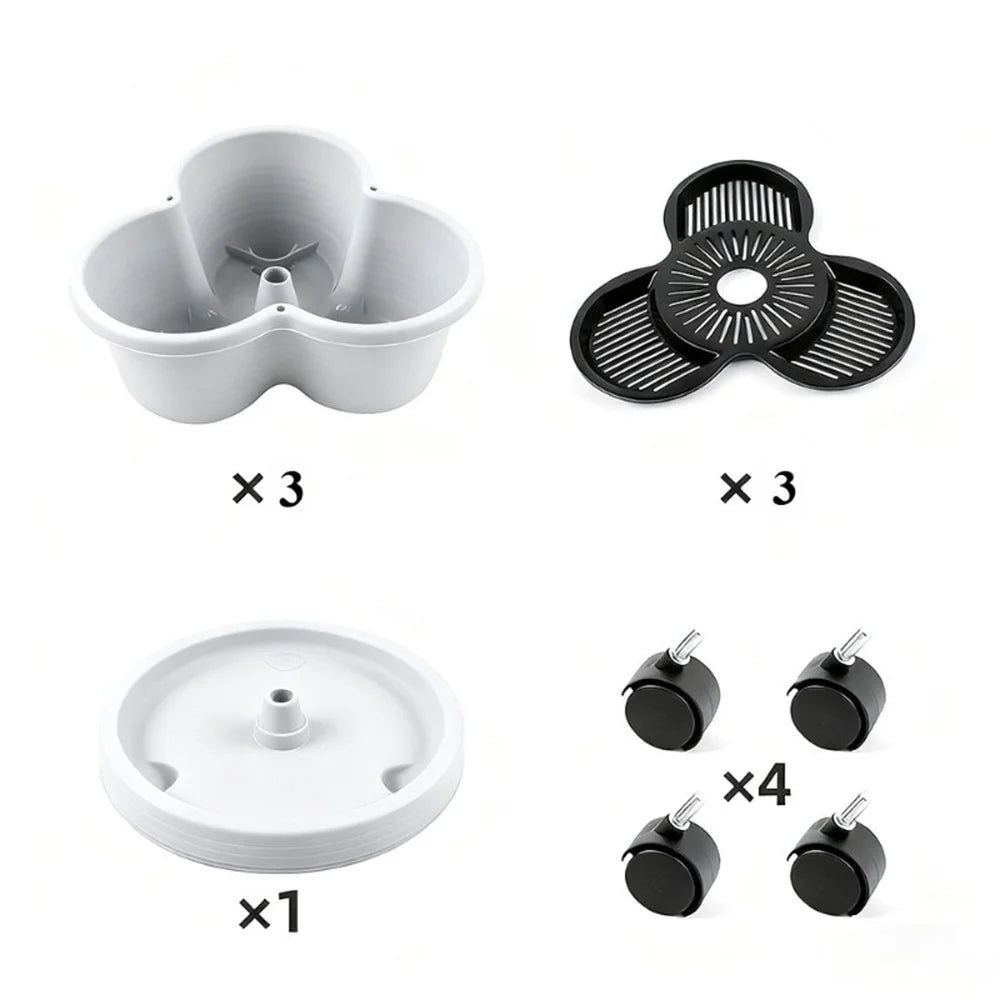 White vertical garden planter components set with multi-pot insert and caster wheels