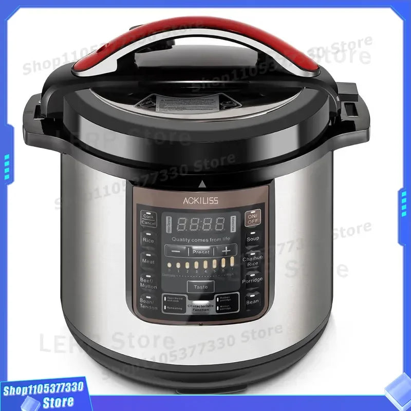 Stainless steel electric pressure cooker with black top lid and red handle, LCD display