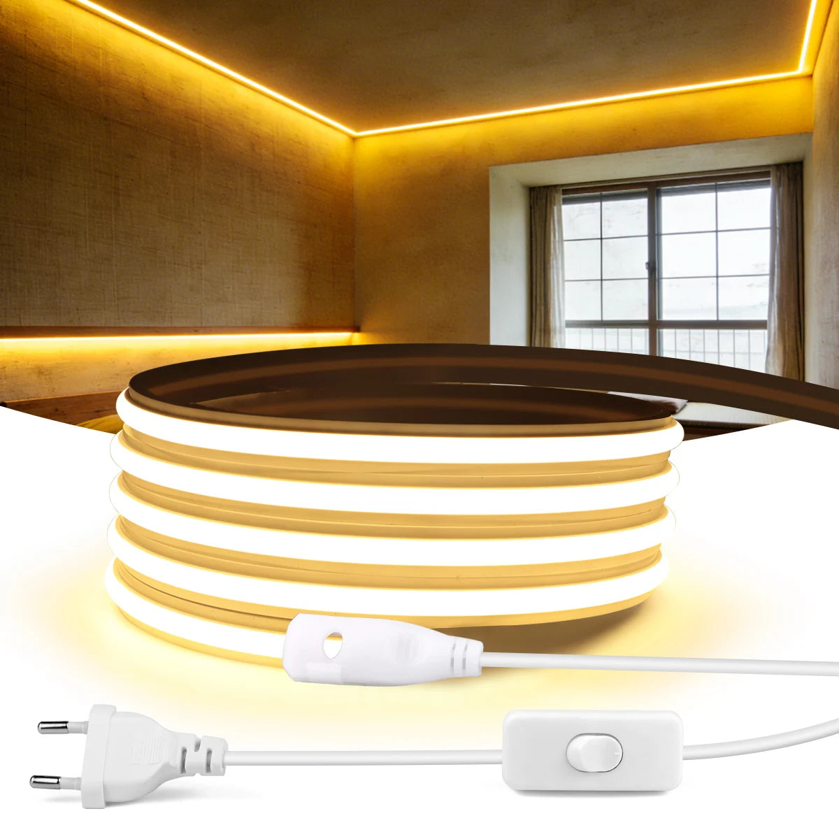Warm white COB LED strip with EU plug and inline switch, lighting under a ceiling edge