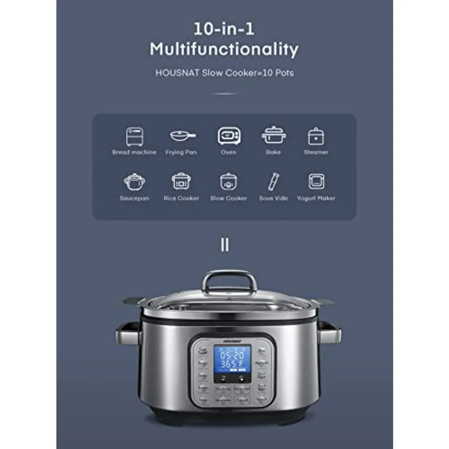Silver 10-in-1 multi-cooker with lid and control display, shown with function icons