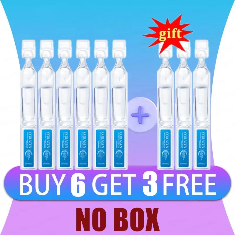 Nine single-use clear plastic ampoules of collagen serum with blue labels, labeled "Buy 6 Get 3 Free."