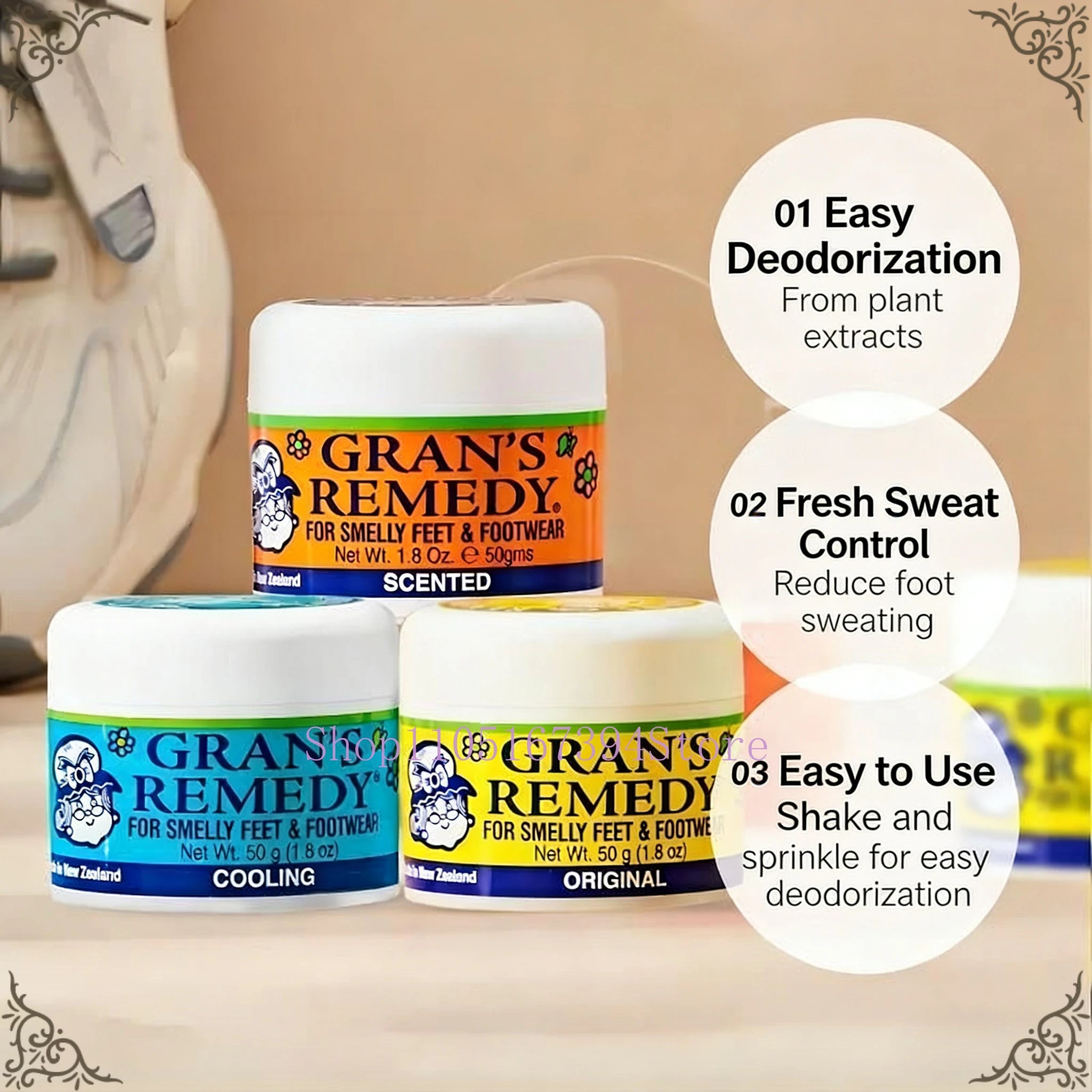 Three Gran's Remedy foot powder jars in orange, blue, and yellow with white lids for effective shoe odor control.