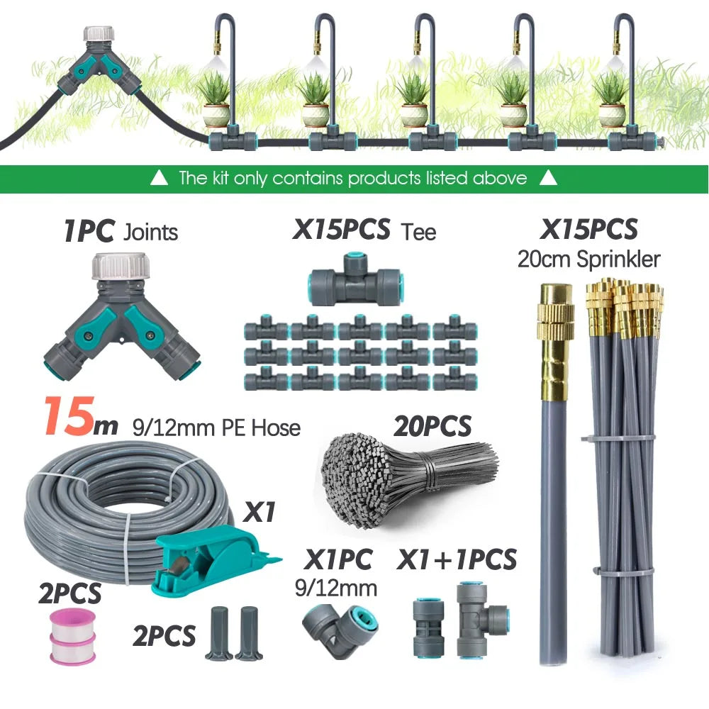 Garden sprinkler irrigation kit with teal tap adapter, gray hose coil, and brass sprayer stakes with fittings