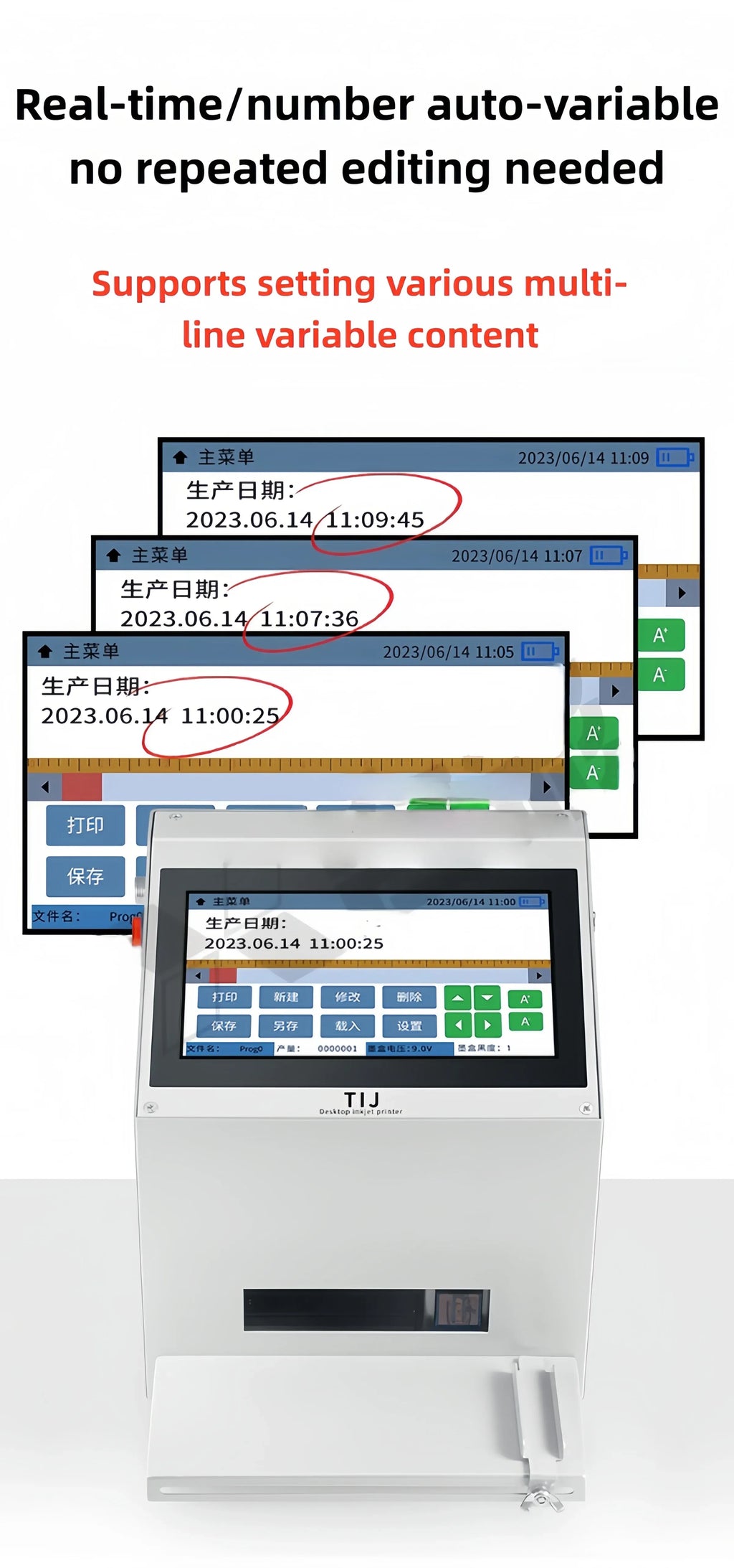 Desktop inkjet coding printer with touchscreen displaying multi-line variable date codes