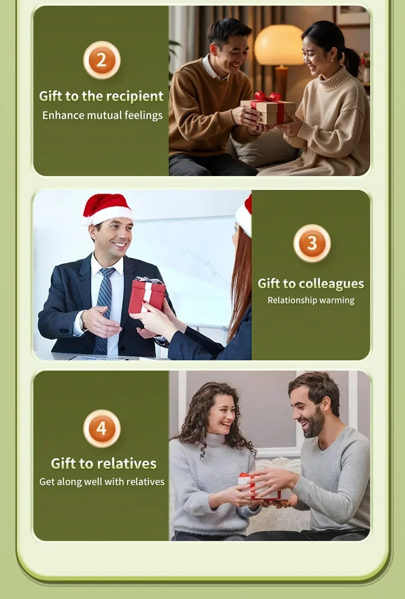 People exchanging wrapped gifts, representing ideal presents for recipients, colleagues, and relatives during holidays.
