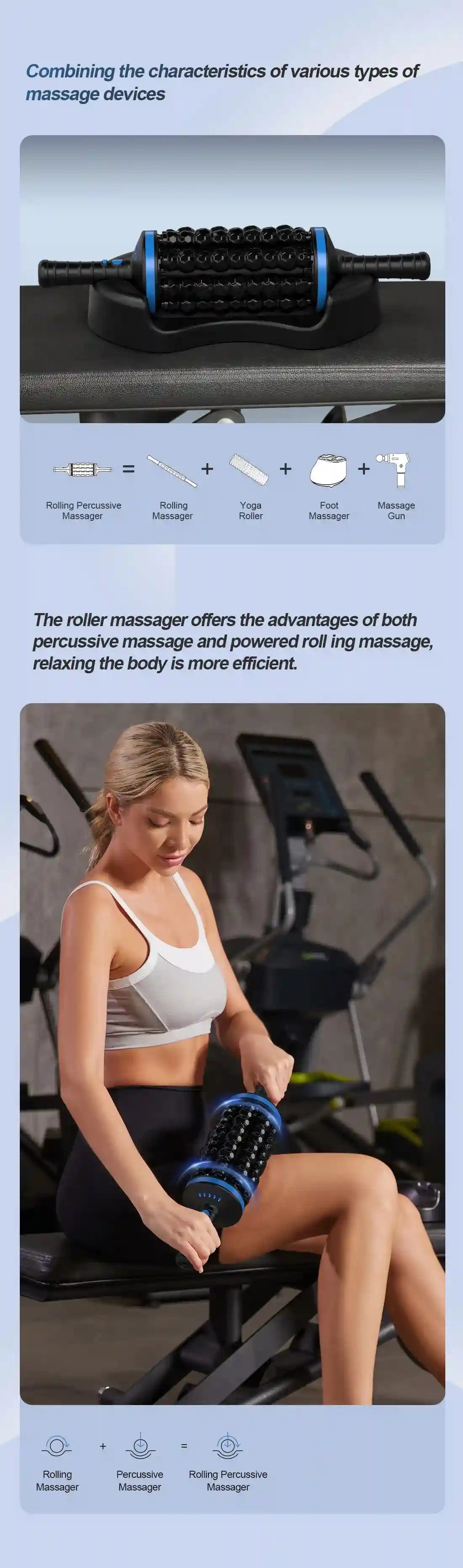 A black and blue cordless handheld roller massager with textured nodes, shown resting and being used on a leg.