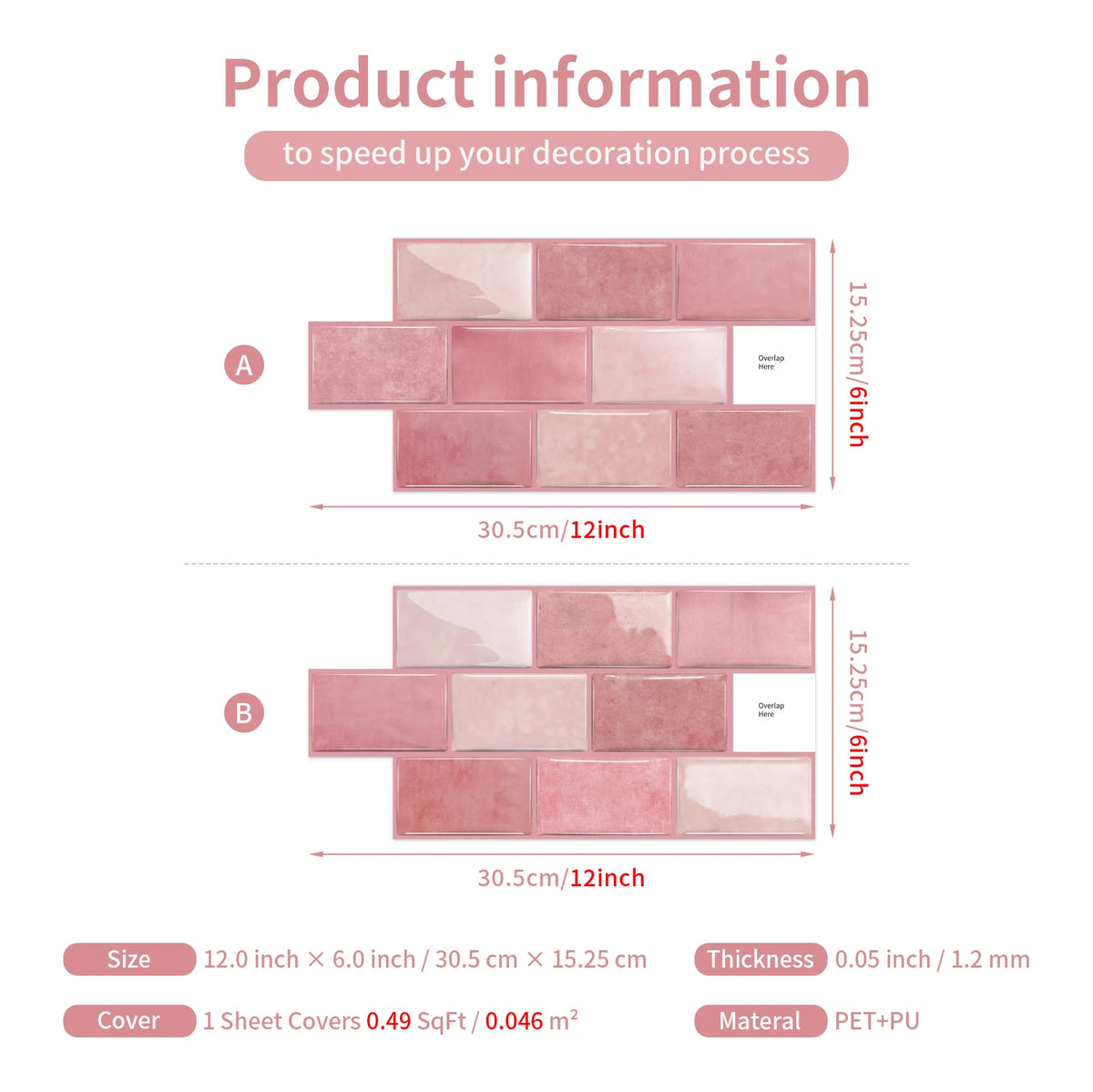 Ceramic tile sticker strip product information card with pink texture diagram