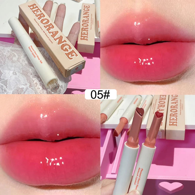 Herorange heart-shaped jelly lipstick pen, shade 05, featuring a glossy mirror-finish pink lip glaze texture.