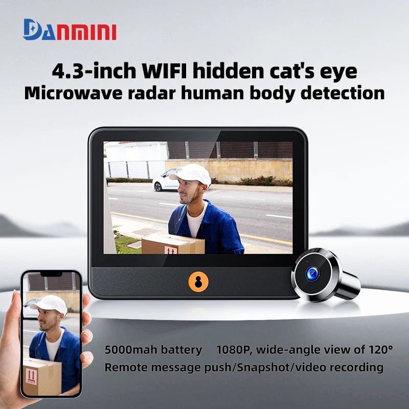 Danmini 4.3 Inch Doorbell Peephole Mobile Tuya App Remote Control Digital Door Viewer Night Vision 1080P 2MP Cat Eye Door Camera