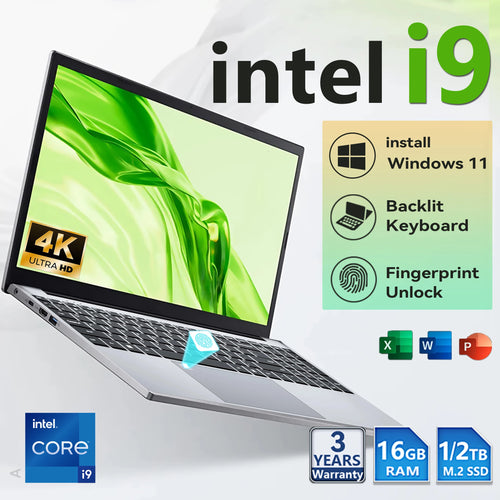 Silver 15.6-inch laptop with thin bezels, backlit keyboard, fingerprint reader, and side ports, displaying 4K screen.