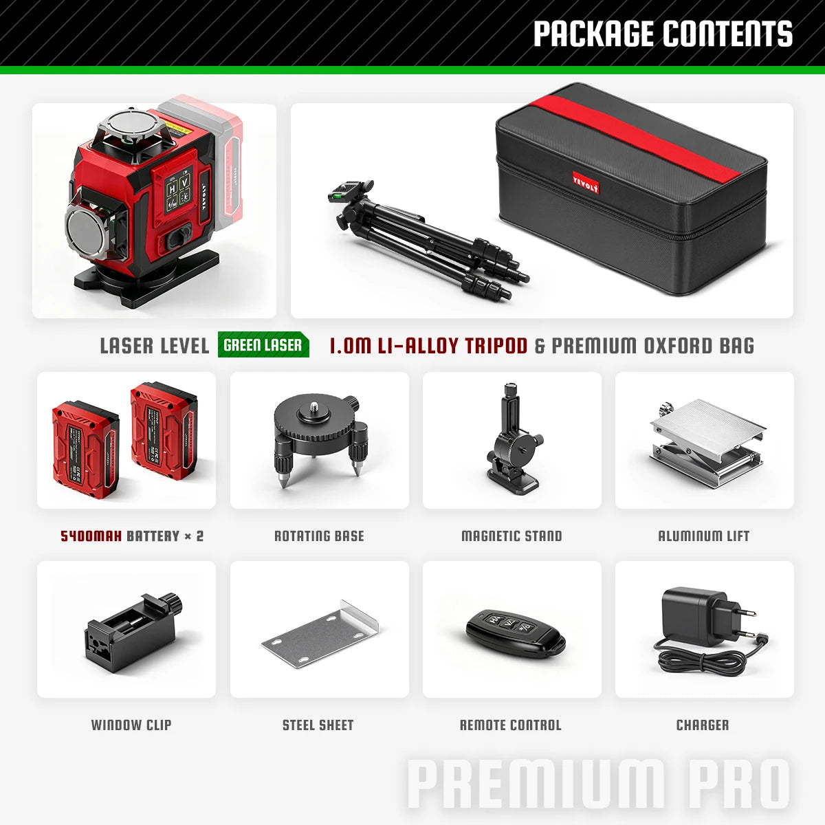 Green laser level package contents: red laser level, black bag, rotating base, magnetic stand, lift