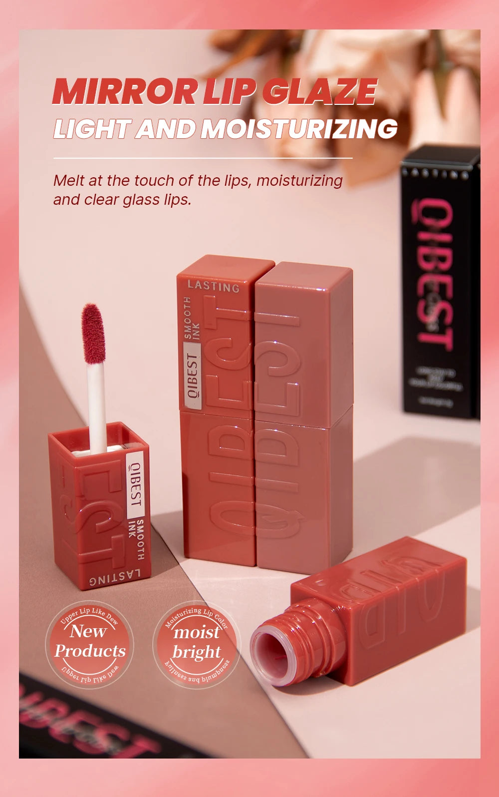 QIBEST waterproof mirror lip glaze with moisturizing watery texture in elegant pink packaging and applicator wand.