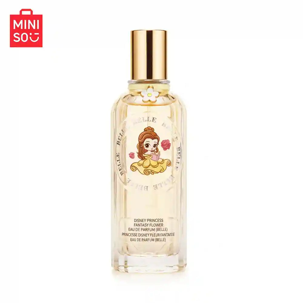 MINISO Disney Belle floral Eau de Parfum, 60ml luxury glass bottle with gold cap, Disney Princess fantasy flower scent.