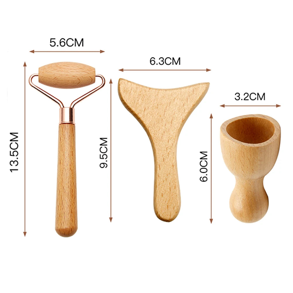 Three light-wood facial massage tools: a roller, a Y-shaped scraping tool, and a small suction cup, with measurements.