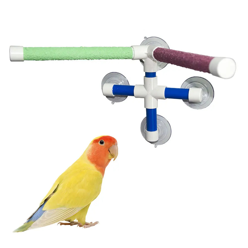 Parrot shower perch with suction cups and colorful paw-grinding textured sticks for bird bathing and grooming.