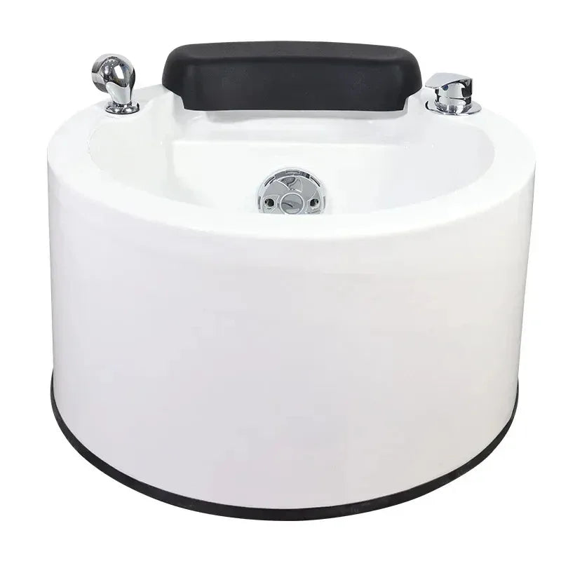 White hydro-massage foot spa with black headrest and centered control panel