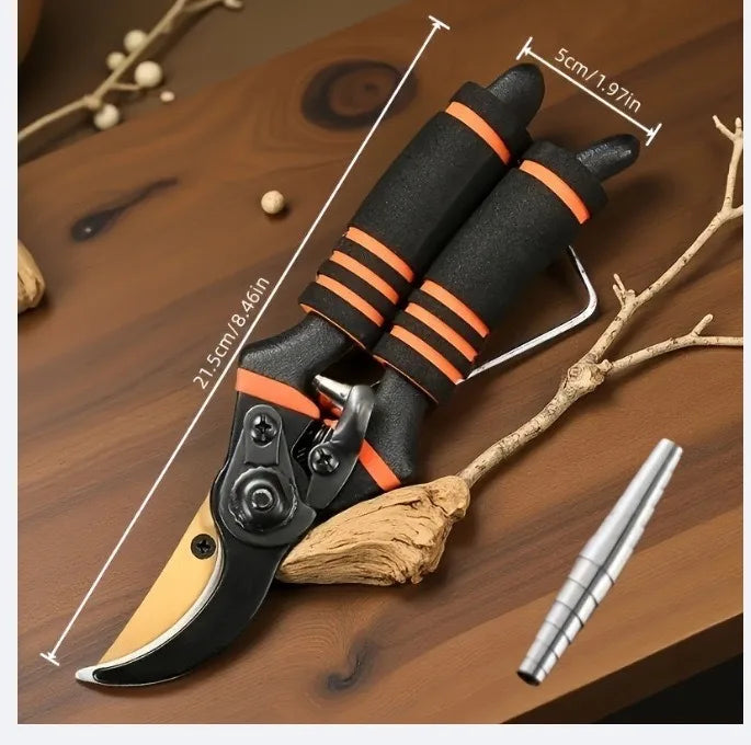 Toughbuilt pruning shears with black-and-orange grip handles, curved yellow blades
