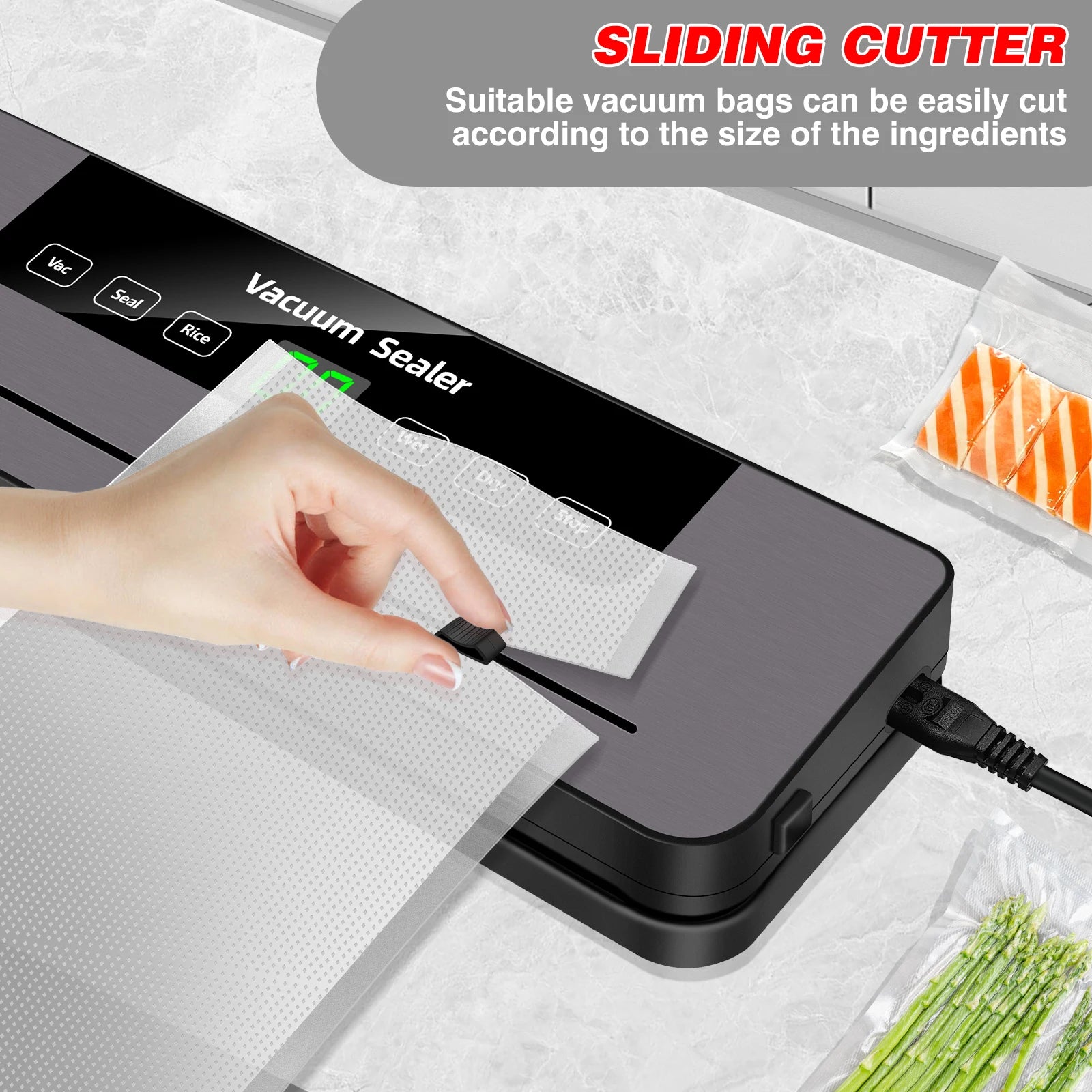 Tidesmit DayPlus automatic vacuum sealer machine showing seal settings and vacuum bag attachment for food storage