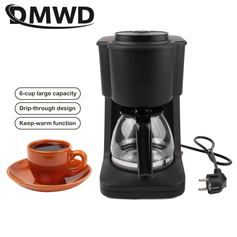 QMWD 6-cup drip coffee maker in black with glass carafe, featuring a keep-warm function and brown coffee cup.