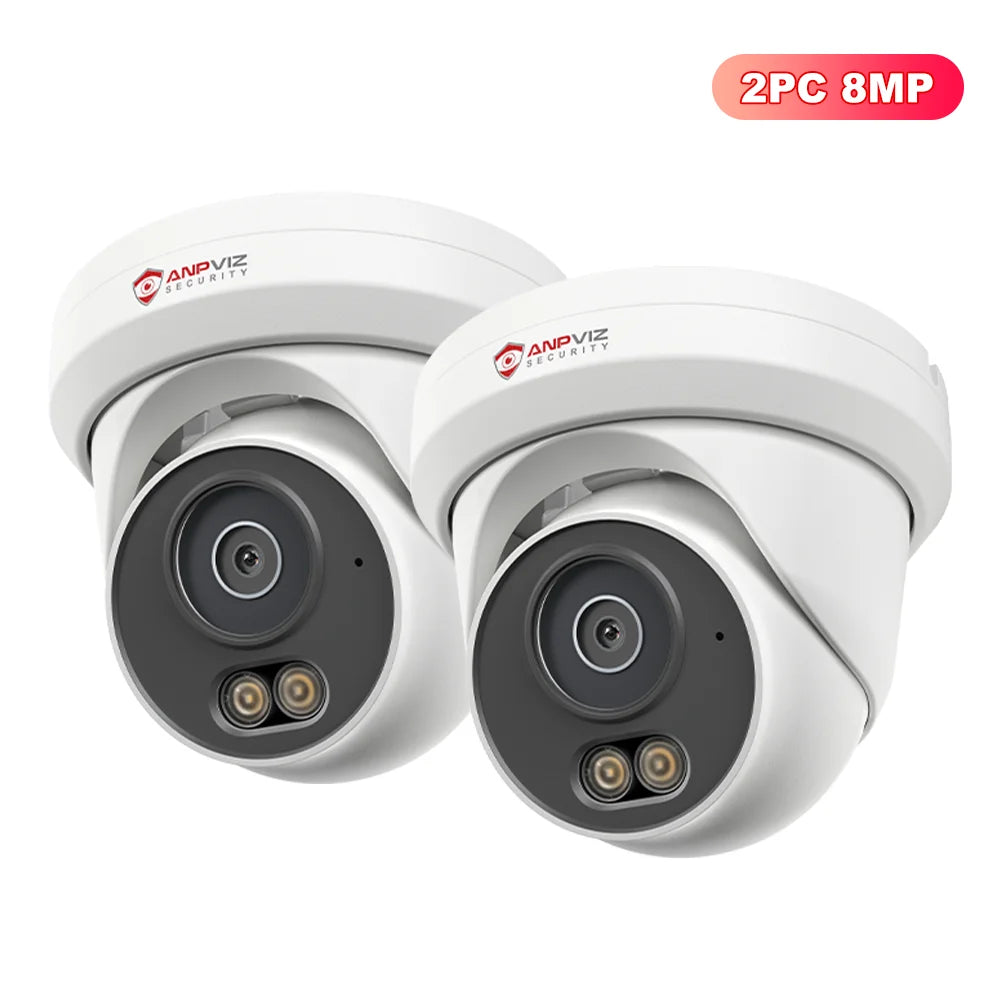 Set of two white turret IP security cameras with lens and dual IR LEDs, 8MP