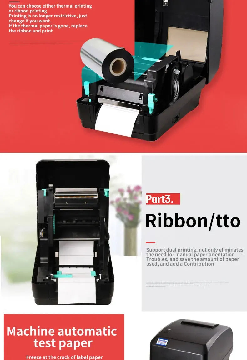 Black ribbon receipt barcode printer with open cover and paper, ribbon roll visible
