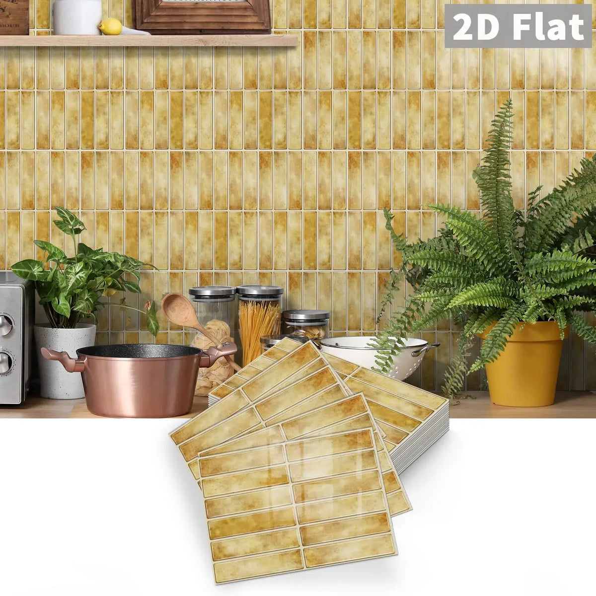 Peel-and-stick tile decal sheets, gold yellow square tile grid pattern, flat 2D