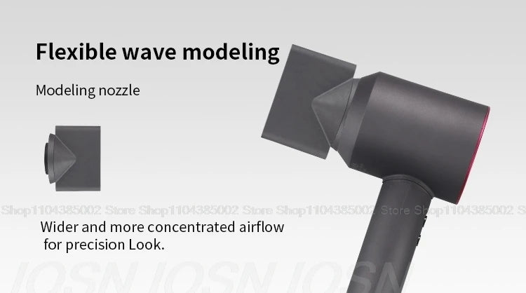 Grey leafless negative ion hair dryer with precision styling nozzle for concentrated airflow and smooth, fast drying.