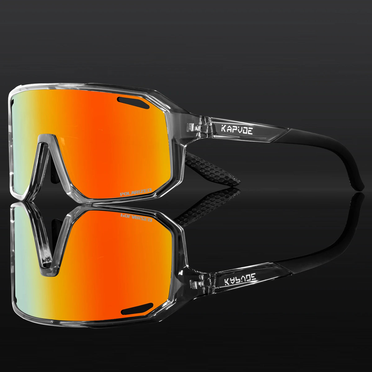 Sport sunglasses for kids with orange mirrored lenses and clear white frame with black side shields