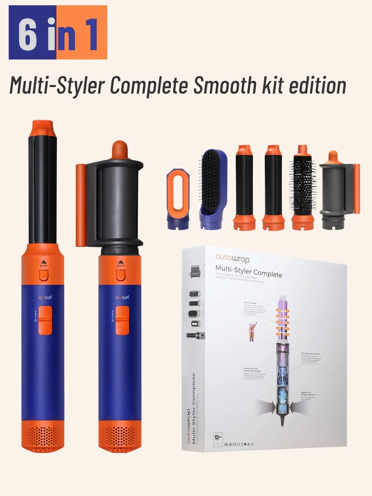 6-in-1 orange and blue hair dryer multi-styler kit with interchangeable curling iron and smoothing brush attachments.