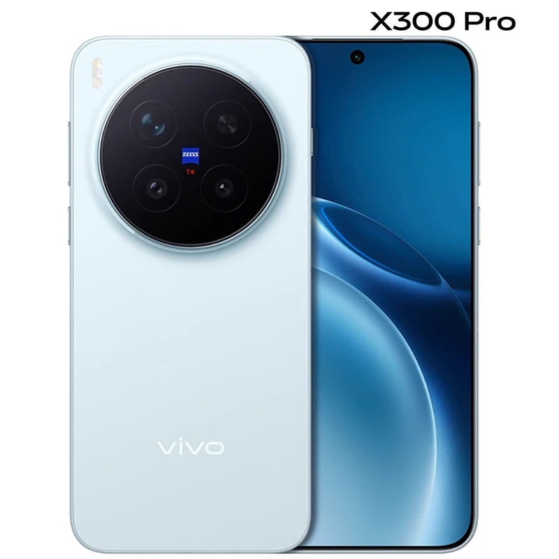 Light blue Vivo X300 Pro smartphone front and back view with ZEISS quad-camera, 6.78" AMOLED display, 200MP camera.