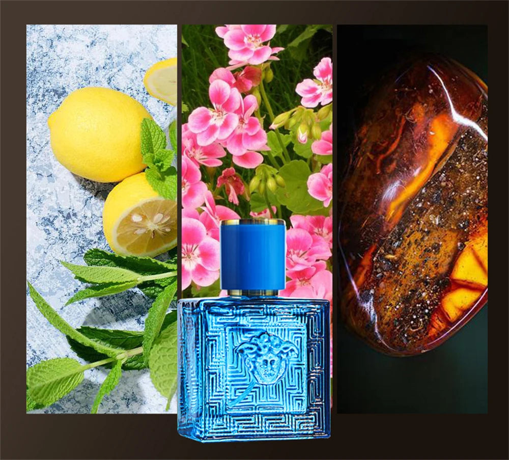 Versace Eros cologne in a square blue glass bottle with relief detail, set against lemons, mint, flowers, and amber.