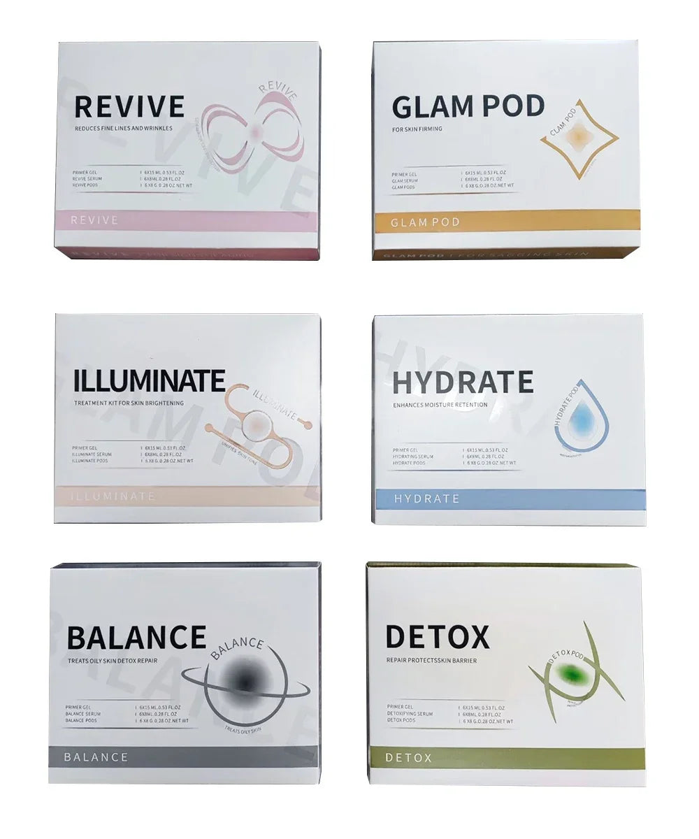 Six boxes of oxygen jet spa capsule facial treatment kits for rejuvenation, exfoliation, and skin care.