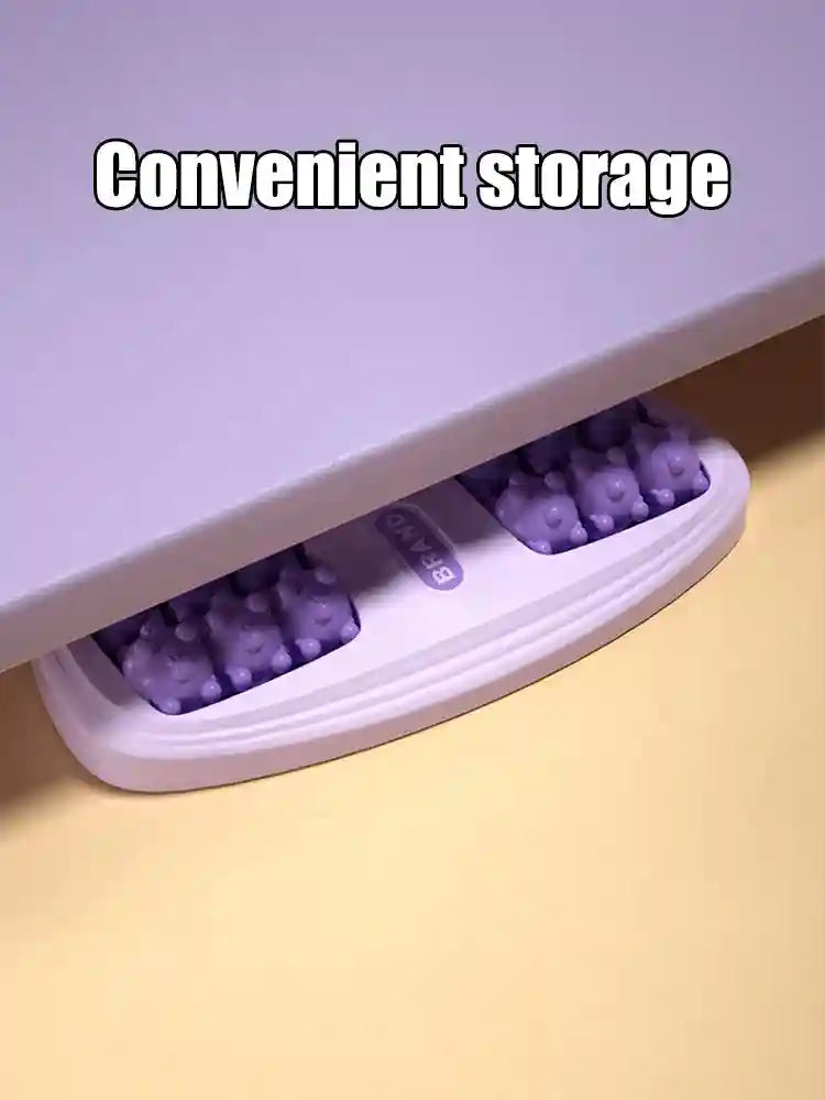 Purple magnetic bead foot roller massager for home therapy, conveniently stored under furniture for easy access.