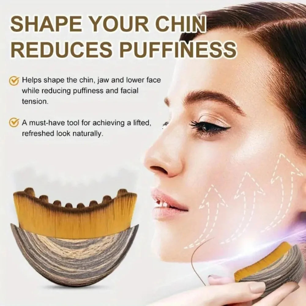 Curved wooden facial contour brush with dense gold-tipped bristles shown against a woman’s face for lifting massage.