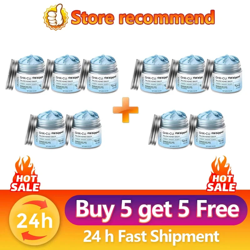 Multiple blue GHK-Cu whipped honey balm jars with Buy 5 Get 5 Free promotion