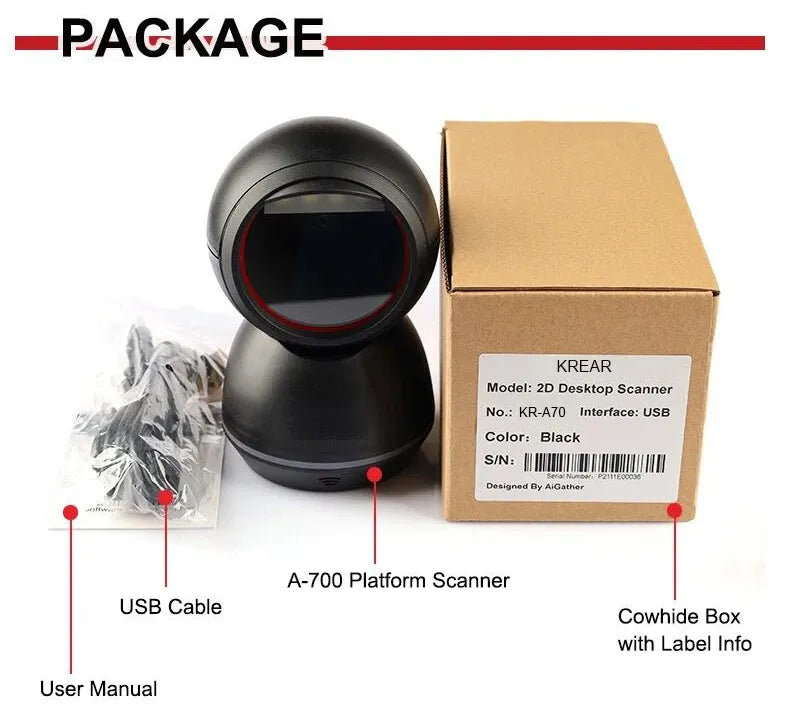Black 2D desktop platform barcode scanner with USB cable and boxed accessories