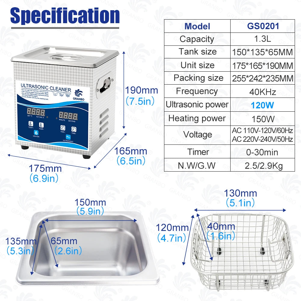 Tidesmit 1.3L 120W ultrasonic bath showing digital control panel and internal stainless steel cleaning tank