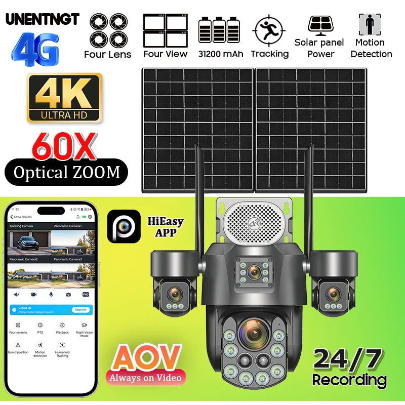4G Solar Surveillance Camera 4‑Lens 60X Optical Zoom Human Tracking 31200MAH Battery 24‑Hour Recording Outdoor Security Cameras
